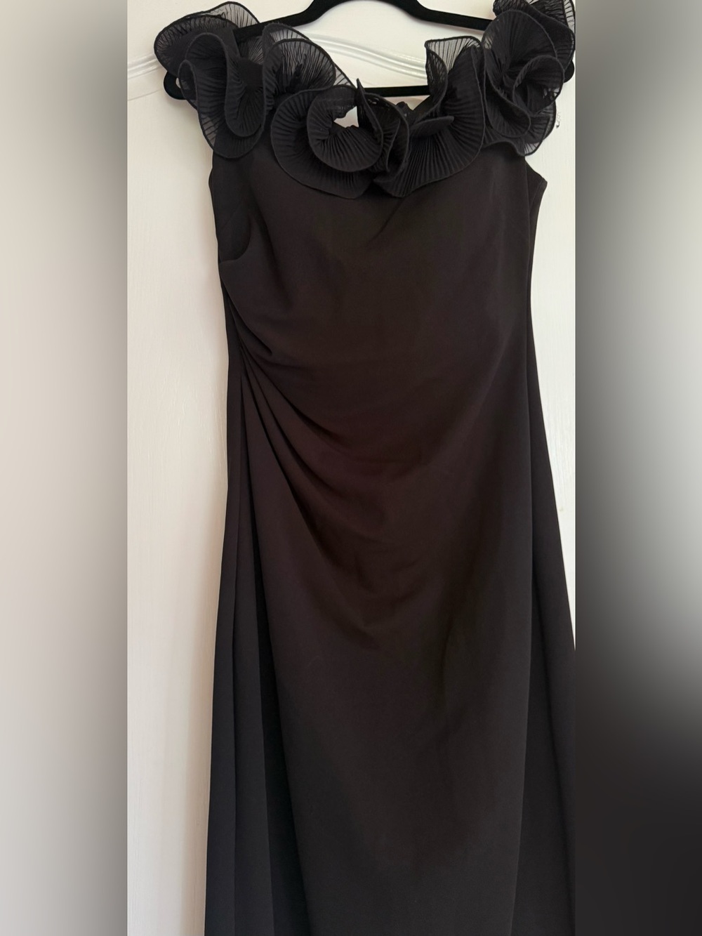 Elegant Off Shoulder Black Ruffle-Trim gown